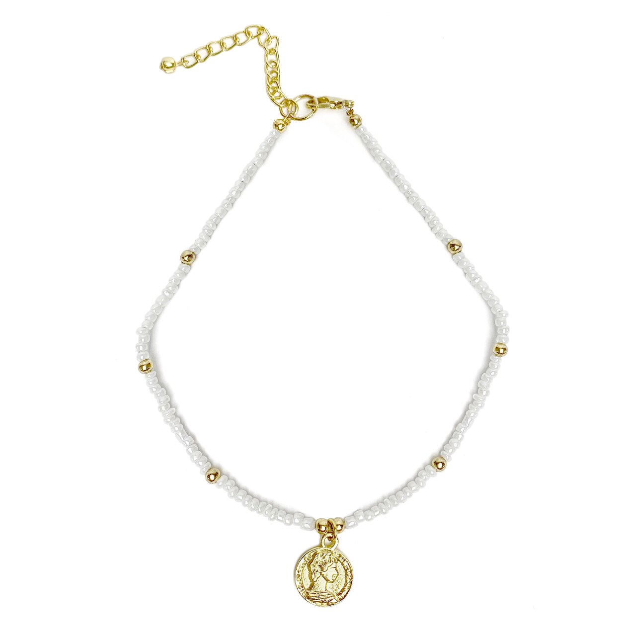 White Beaded Choker for Women with Brass Chain Pendant and 12” with Extender Lightweight Gift